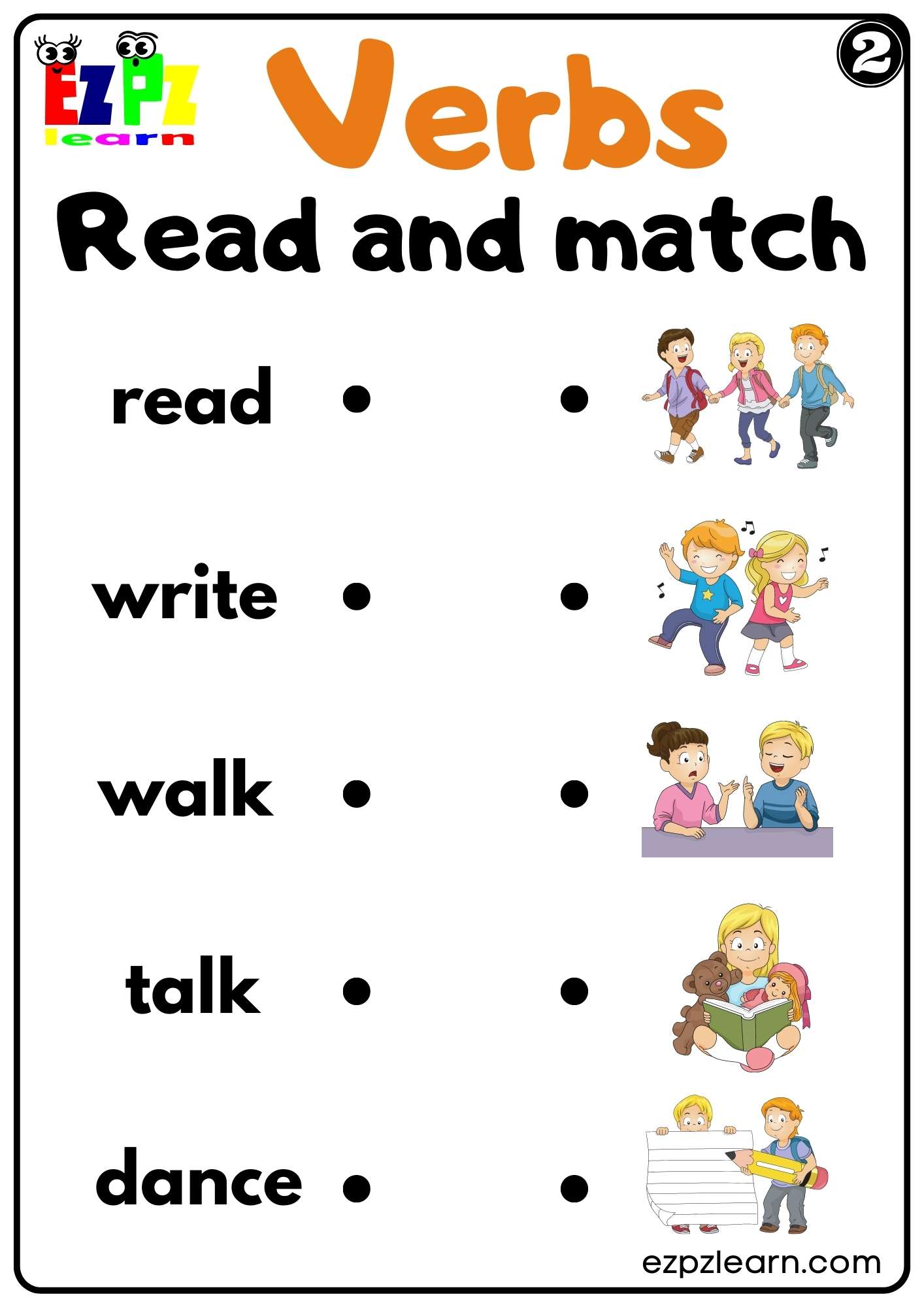 Verbs Read and Match Worksheet for Home Schooling K5 and ESL PDF Download Set 2